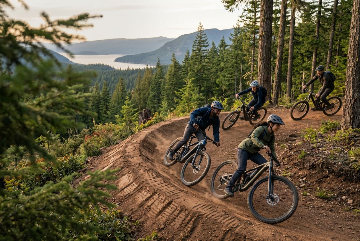 A team of mountain bikers leaning through a sculpted berm turn in a mountain forest