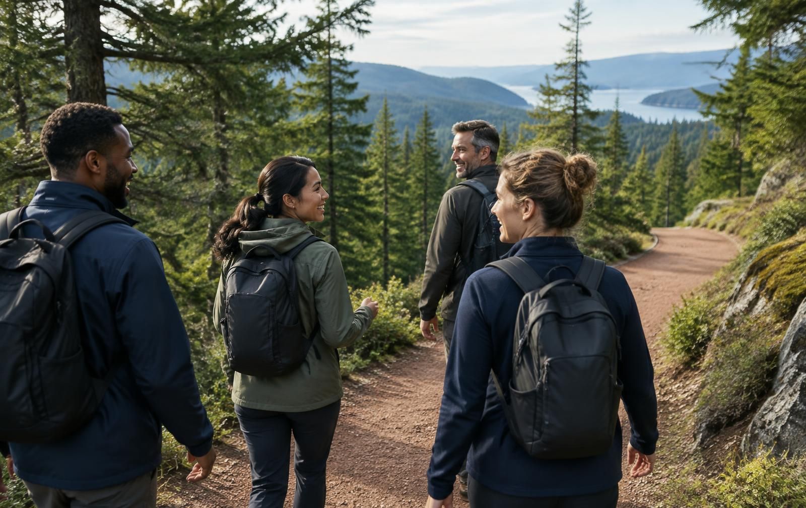 A team walking together along the line ahead